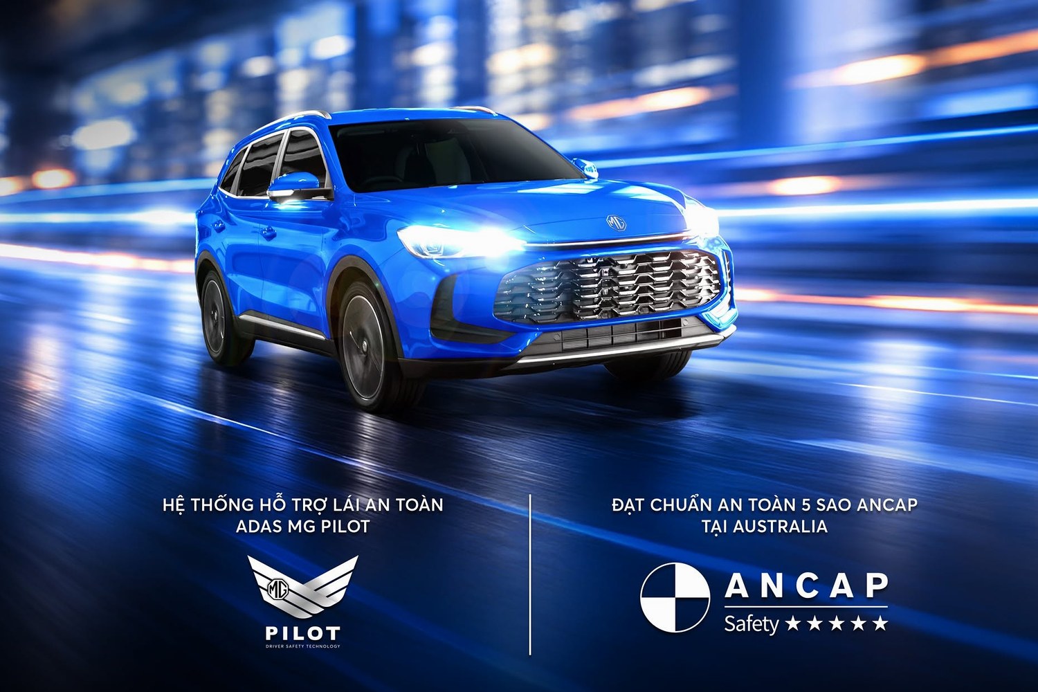 All-New ZS màu xanh dương chạy trên đường phố, poster giới thiệu hệ thống hỗ trợ lái ADAS MG Pilot và chuẩn an toàn 5 sao ANCAP