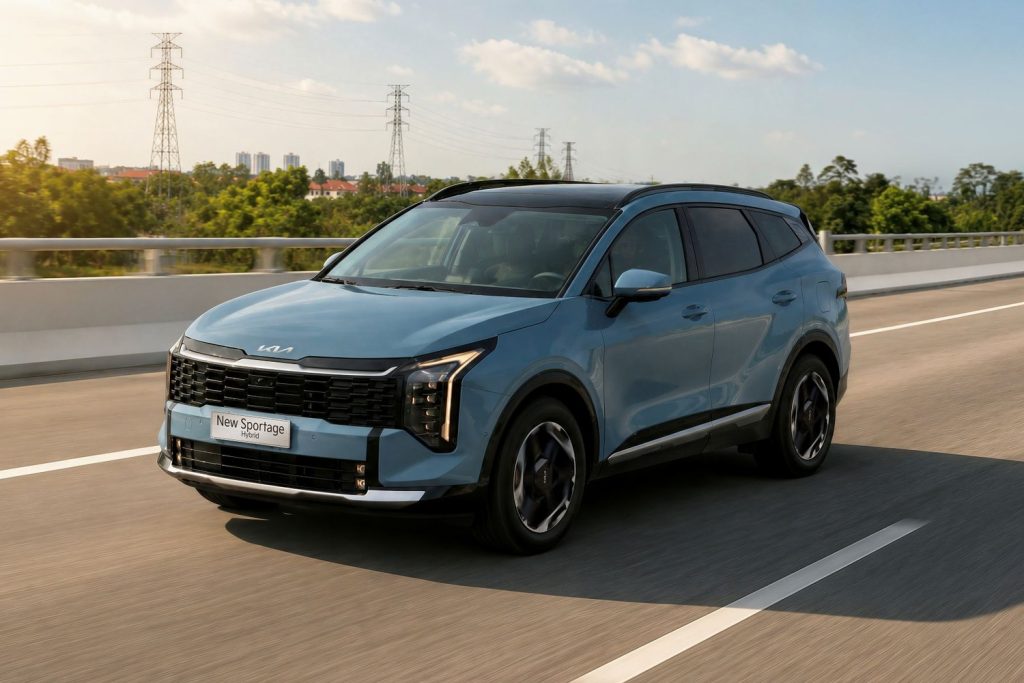 New Sportage Hybrid màu xanh dương chạy trên đường cao tốc ngoại ô