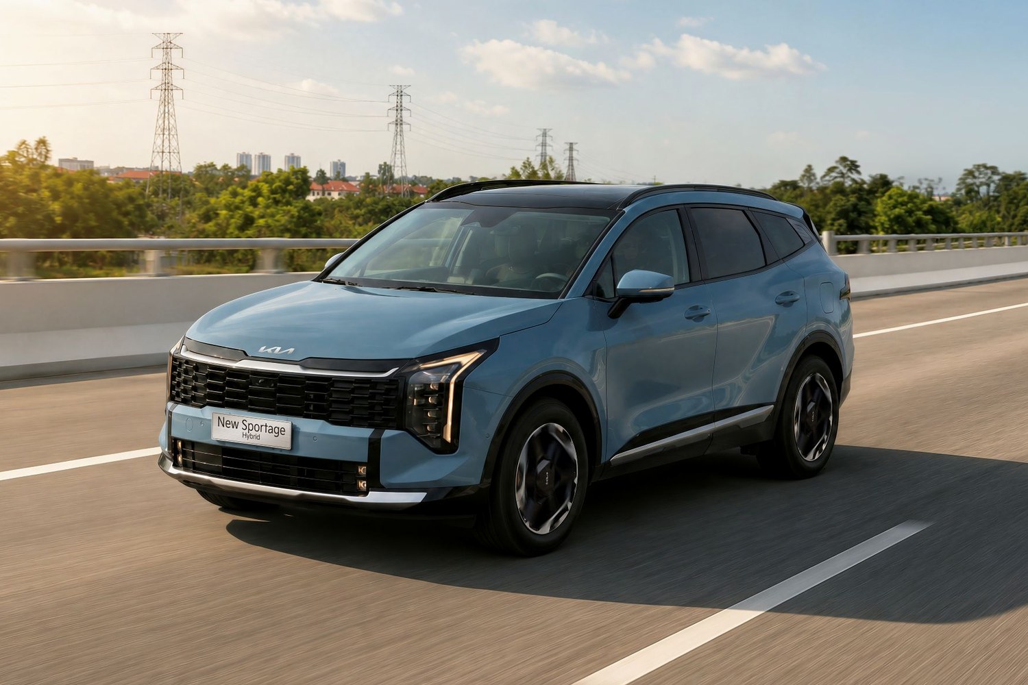 New Sportage Hybrid màu xanh dương chạy trên đường cao tốc ngoại ô